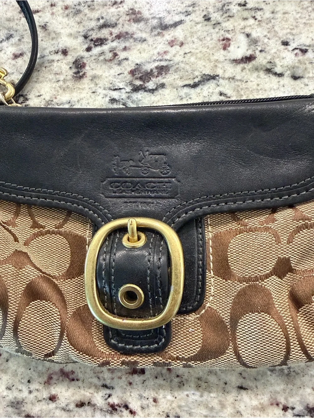 Y2K Coach Khaki Signature Canvas Wristlet with Black Leather Trim